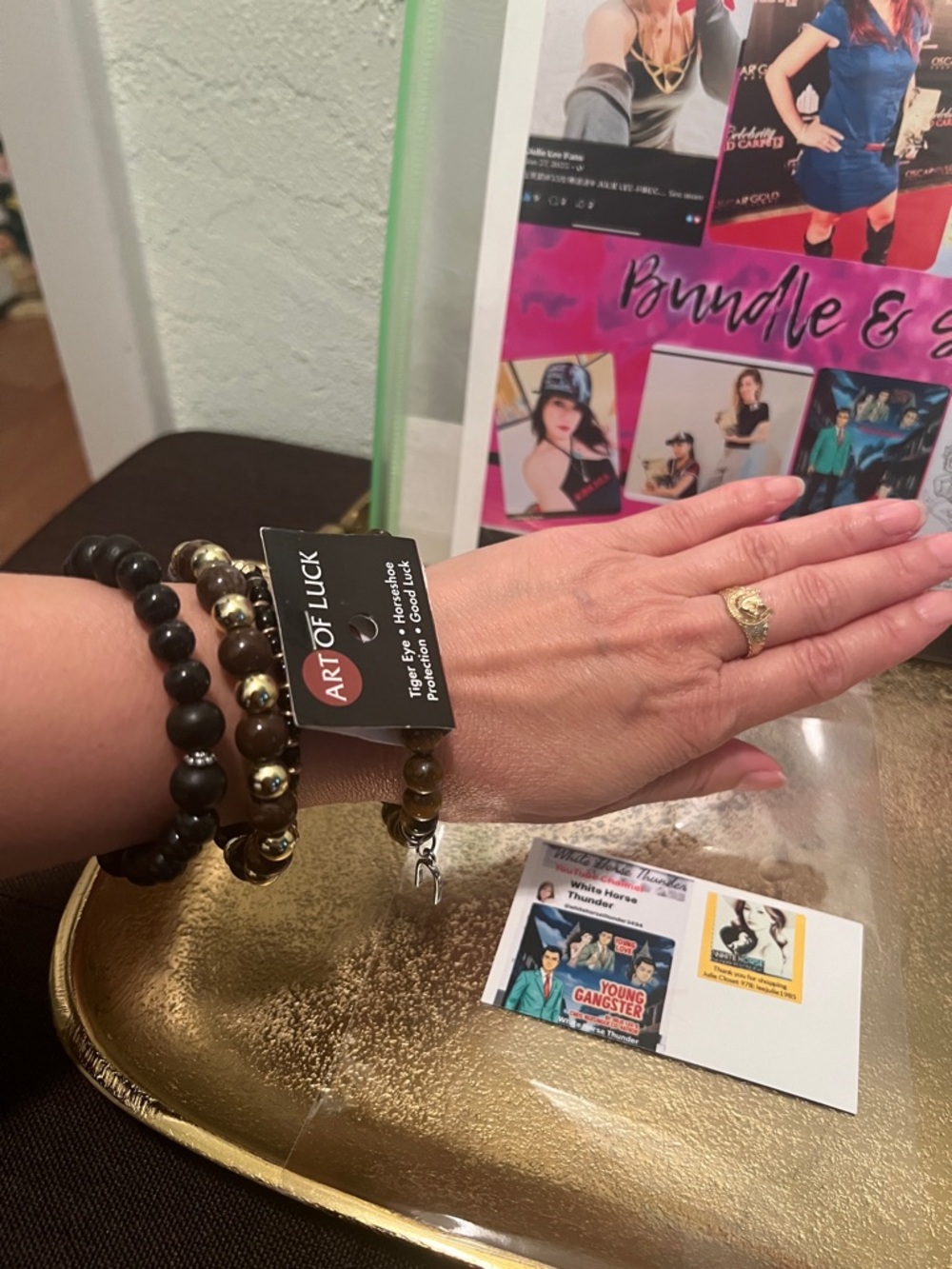 #1802**Unisex’s Art of Luck Tiger Eye Beaded Bracelet Stack - Brown & Black - Picture 5 of 12
